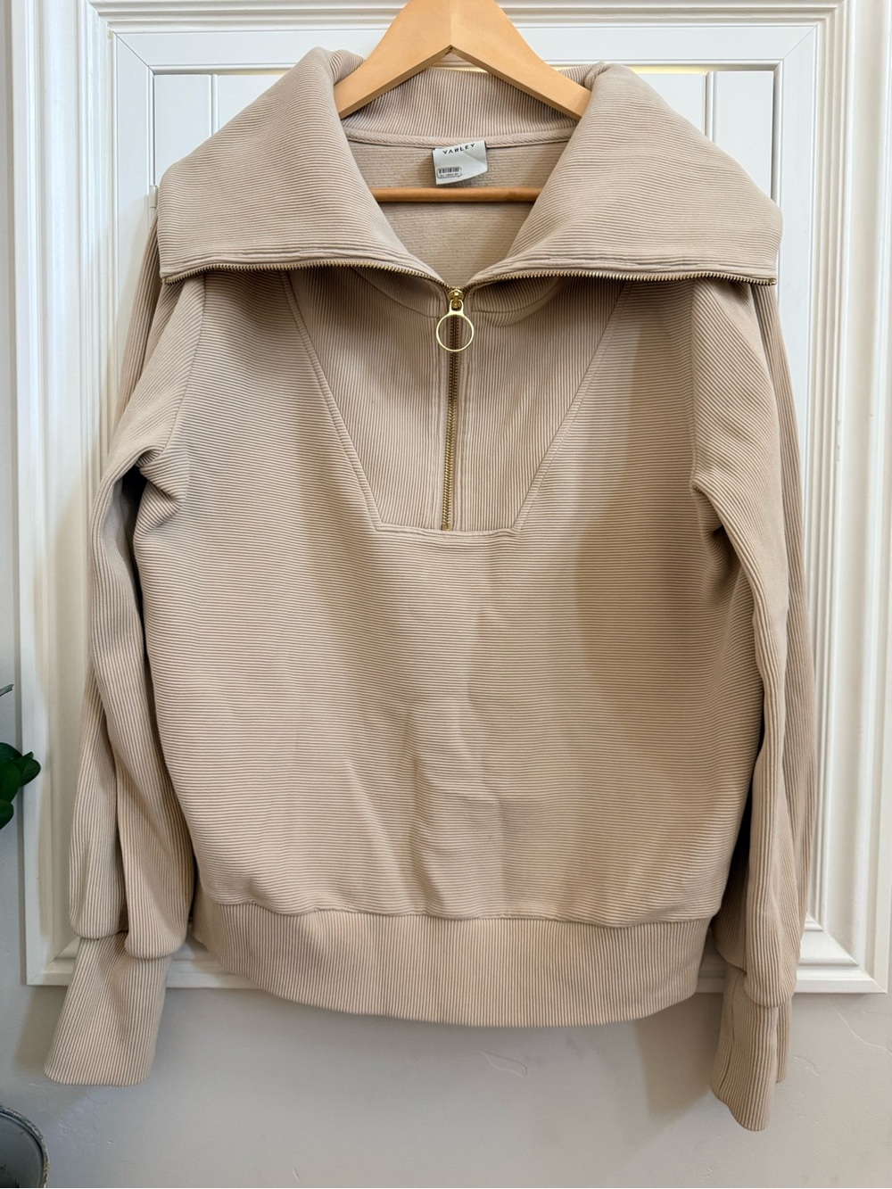 Varley Beige Half-Zip Funnel Neck Womenโs Sweater - Size Medium